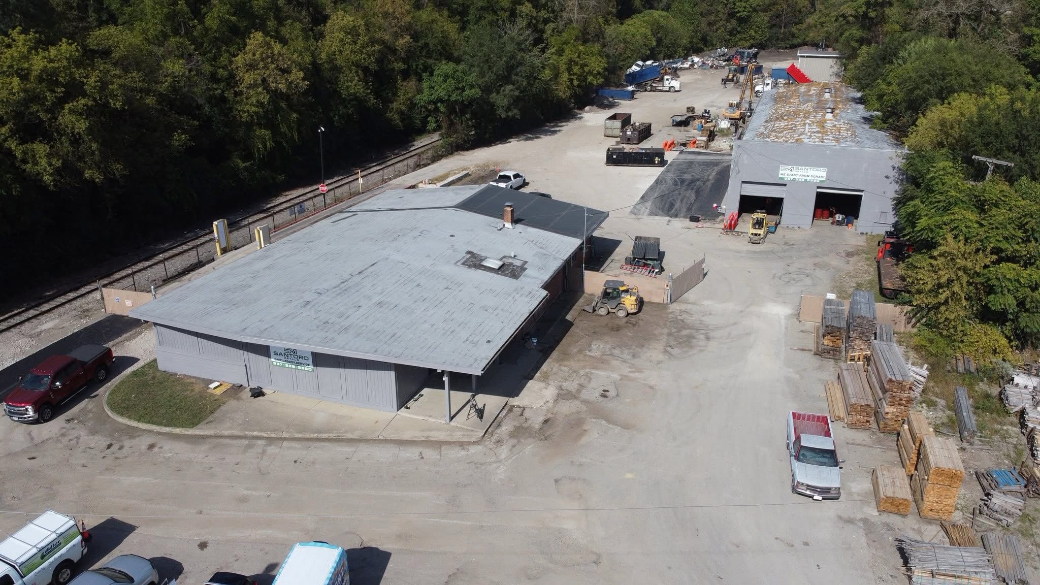 Aerial view of the Santoro Metals Springfield yard, with the office in front and the processing building and yard behind it